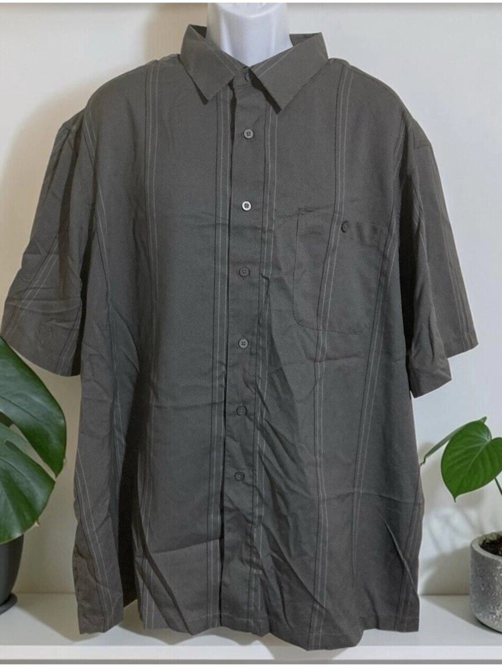 Men George Gray Striped Short Sleeve Polyester Button Up Shirt Sz 3XL